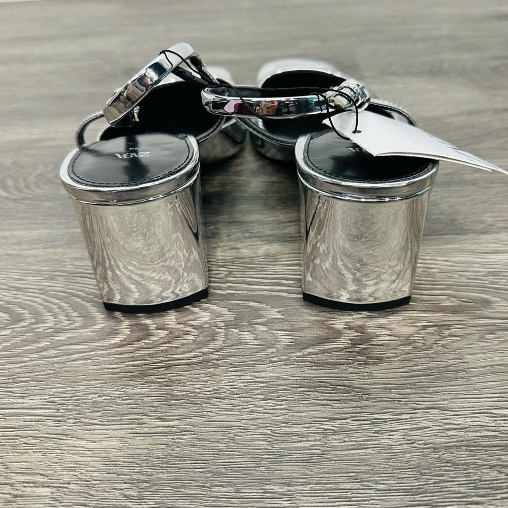 Zara NWT Metallic Silver Block Heel Slingback Heels Size 40 - Picture 7 of 13